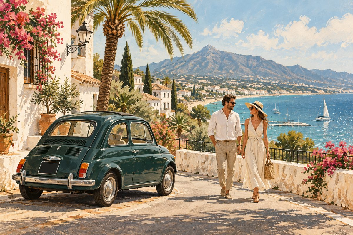 A couple walking past a parked car above the coast