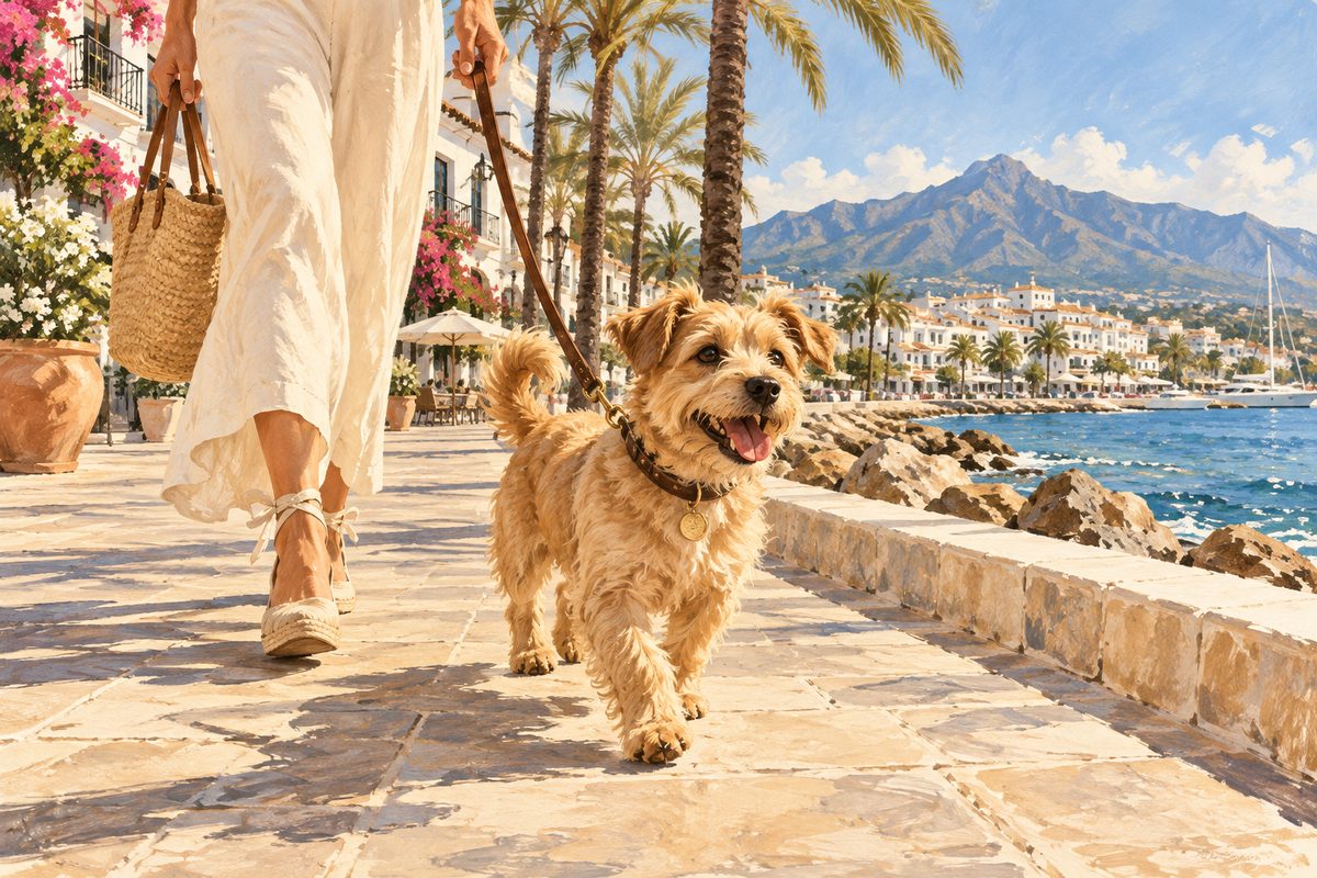 A dog on a lead on the seafront promenade