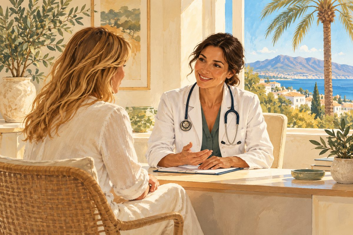 A doctor talking with a patient in a bright clinic